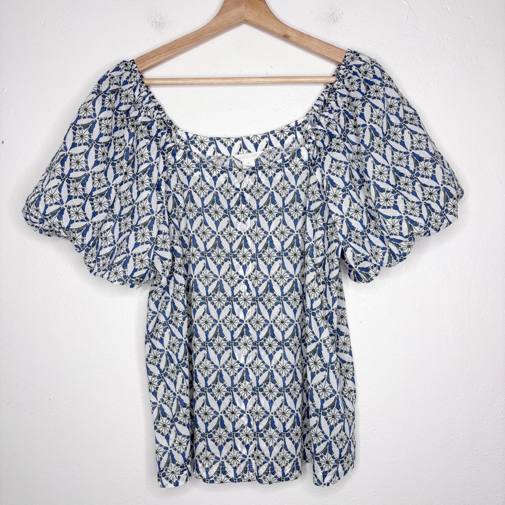 Caslon Puff Sleeve Button Front Organic Cotton Top Size M EUC